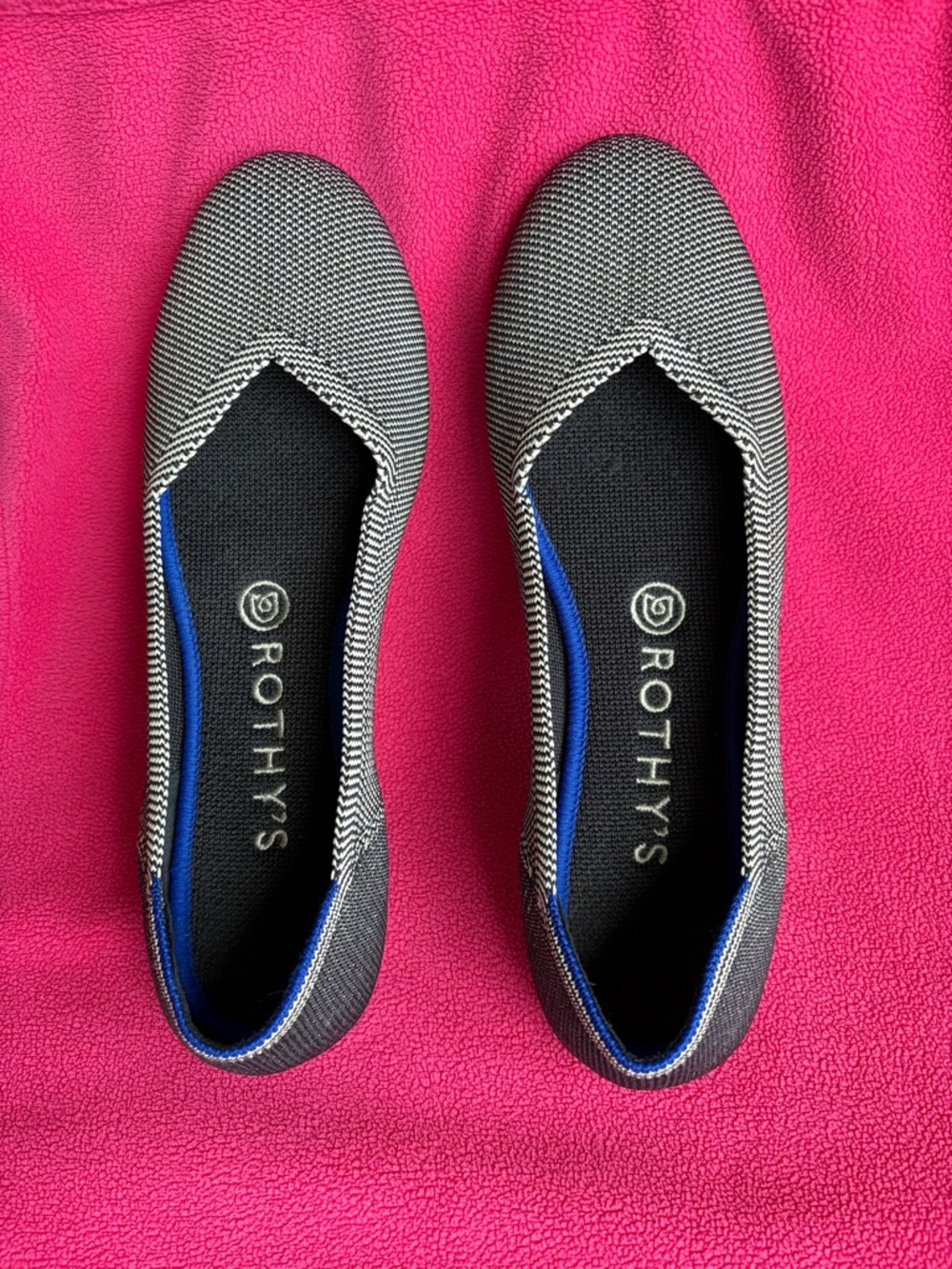 Rothy's Black & White Herringbone Ballet Flat with Blue Trim size 8